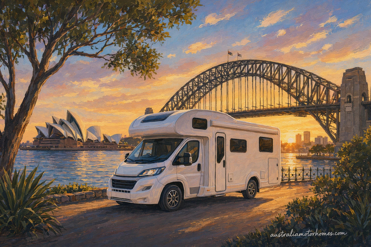 Illustration of a white Maui-shape campervan with no branding leaving Sydney at dawn, harbour skyline fading behind, motorway signs for the Blue Mountains and South Coast ahead, semi-realistic painterly style.